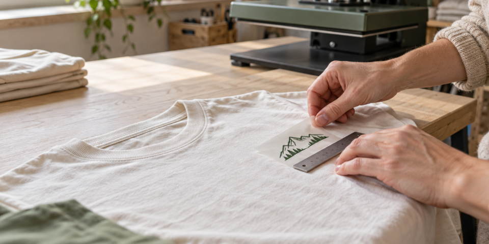 Pose précise d'un motif montagne sur un t-shirt à l'atelier