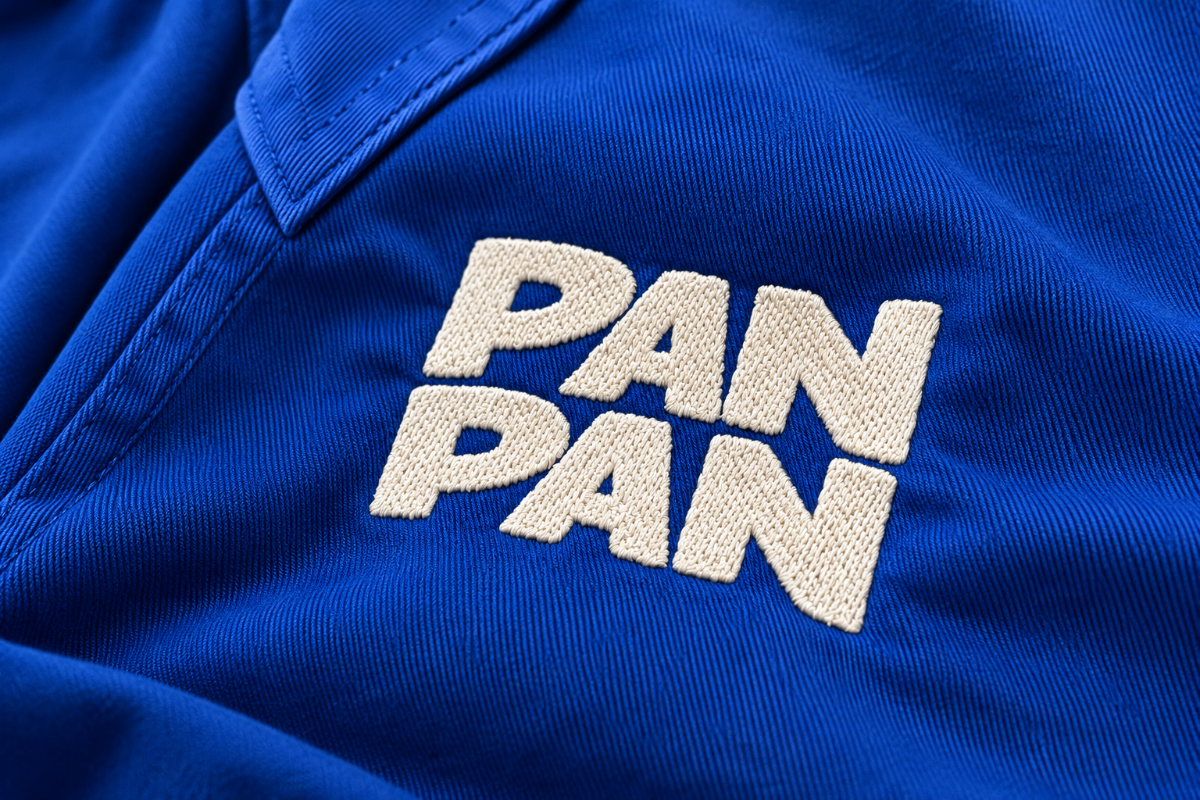 Logo PAN PAN brodé en fil écru sur une veste bleue