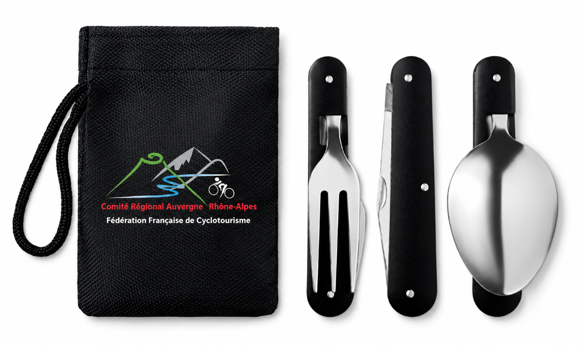 Set de couverts pliants et pochette marquée au logo du Comité régional Auvergne-Rhône-Alpes de cyclotourisme