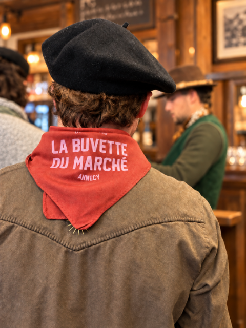 Bandana rouge imprimé « La Buvette du Marché, Annecy »