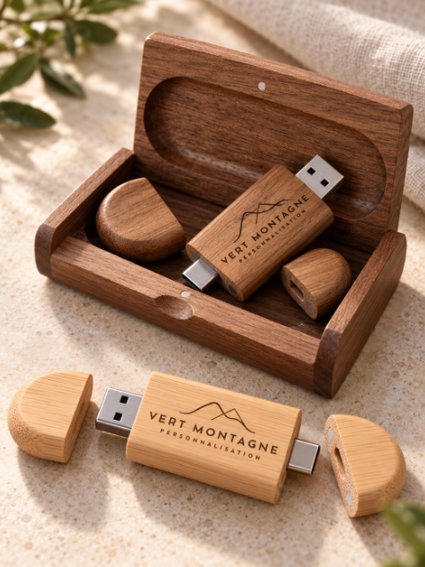 Clés USB en bois gravées au logo Vert Montagne, dans leur coffret