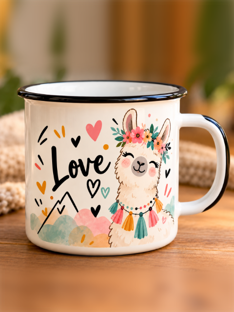 Mug émaillé personnalisé, illustration Love et lama fleuri