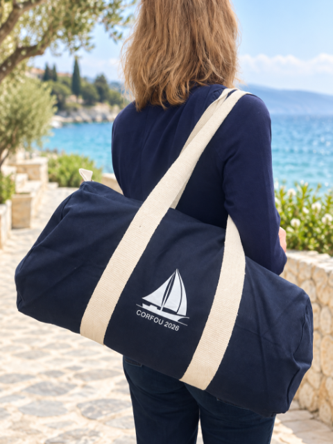 Sac polochon en coton marine imprimé « Corfou 2026 »
