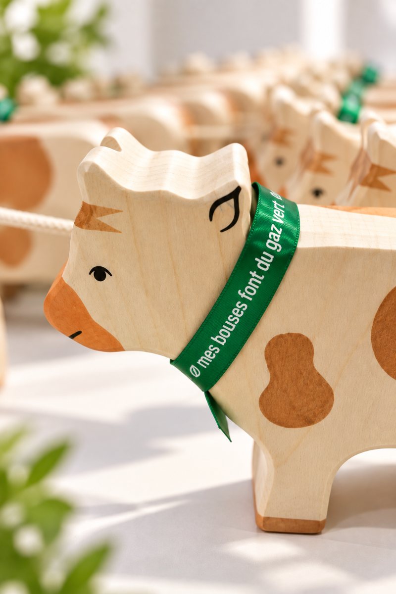 Vache en bois avec collier ruban personnalisé
