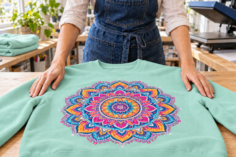 Sweat vert d’eau marqué d’un mandala en couleurs par transfert DTF