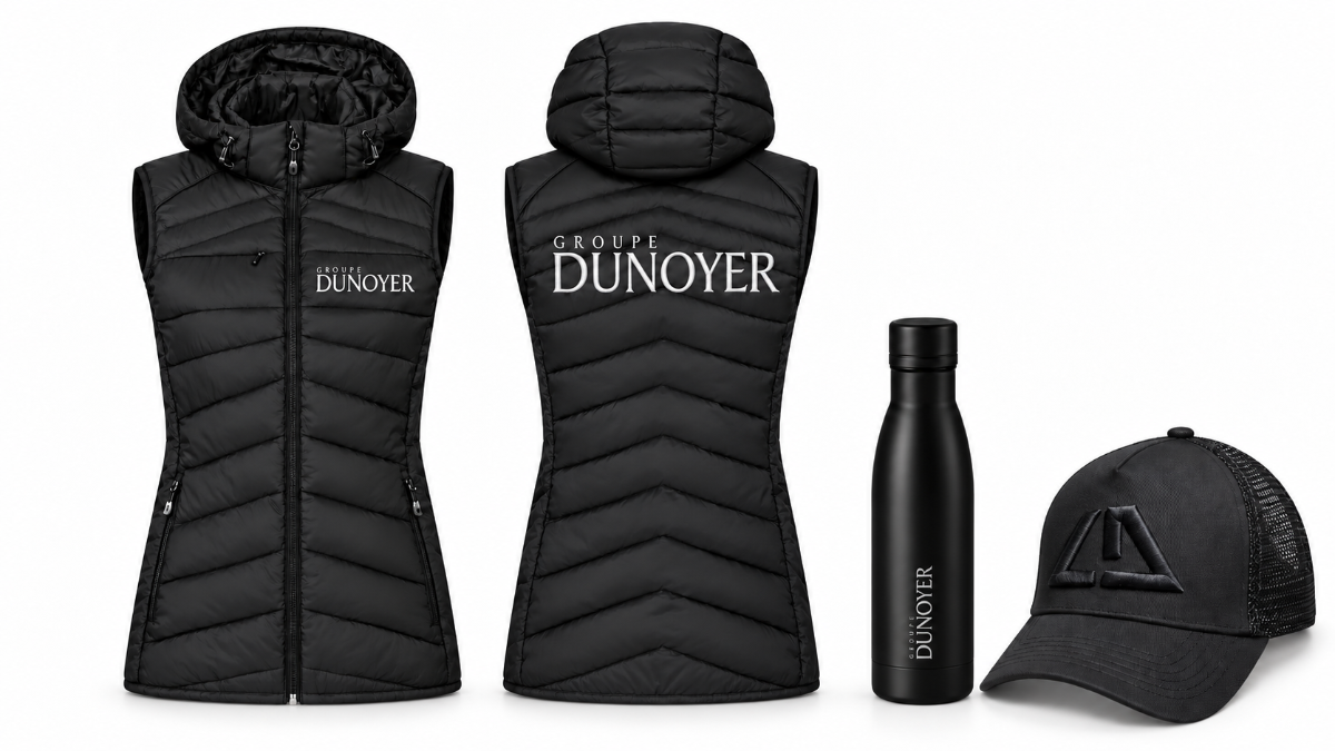 Gilets doudoune, gourde et casquette personnalisés au logo d’une entreprise