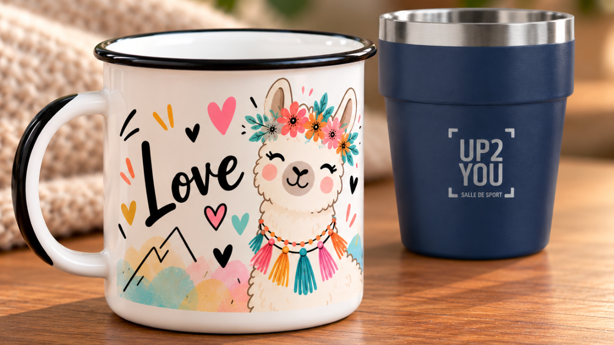 Mug émaillé illustré et gobelet isotherme bleu marqué au logo d’une salle de sport