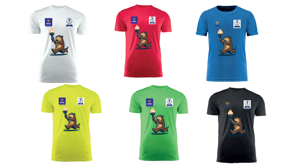 Six tee-shirts techniques personnalisés pour un événement sportif, en six coloris